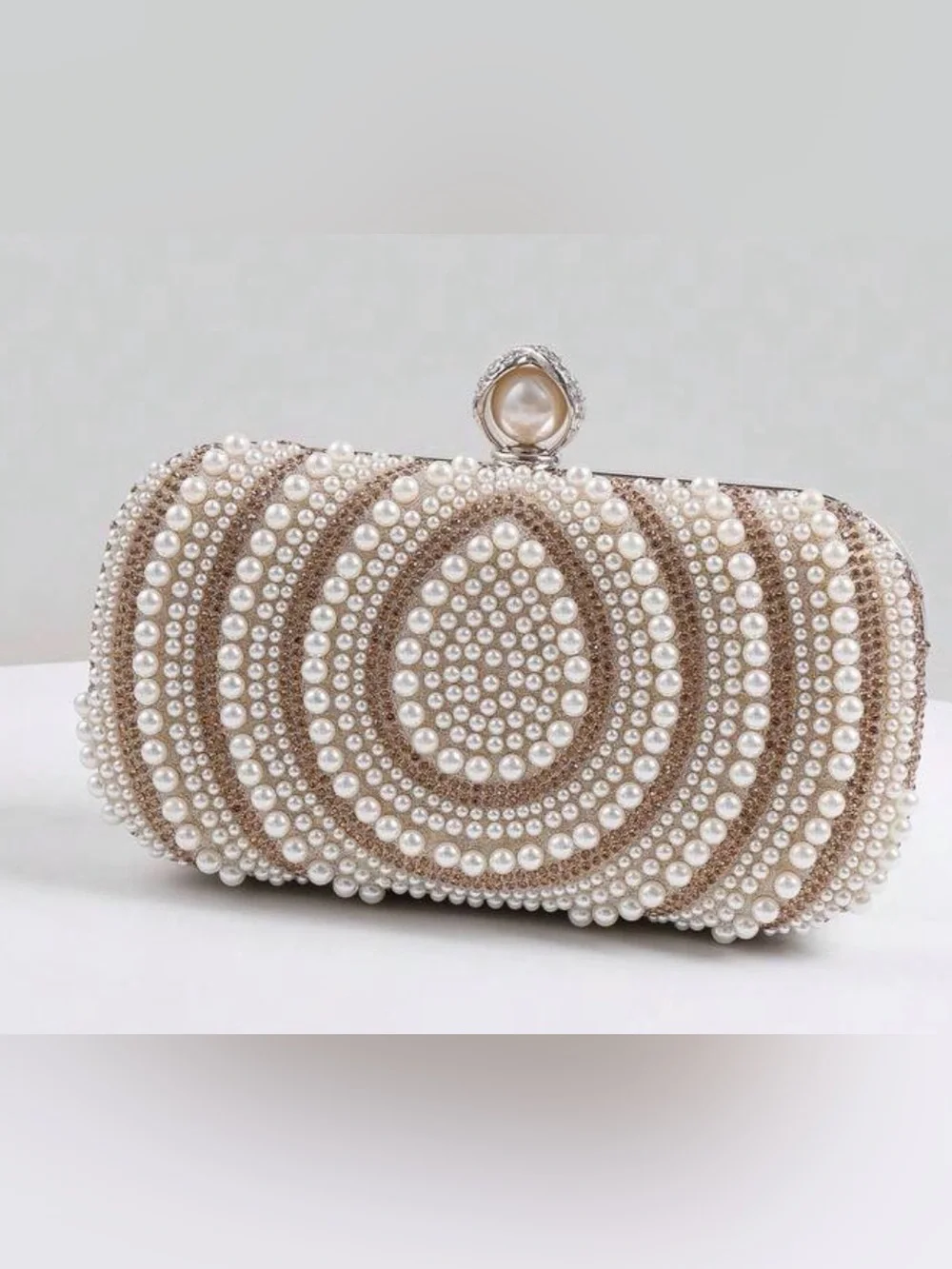 Pearl & Crystal Embellished Clutch - Champagne